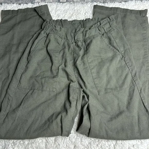CiSono Linen Collection Olive Green Paperbag Waist Straight Leg PullOn Pant EE13 - Picture 3 of 13